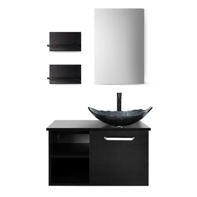 Produktbild von Puluomis Badmöbel Set mit Waschbecken Waschbeckenunterschrank mit Waschbecken Waschtisch Unterschrank mit Spiegel badezimmer Küche Glas Schwarzsilber