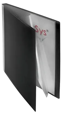 A black folder is open, showing transparent plastic sleeves inside.