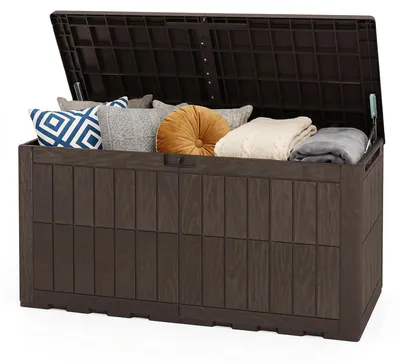 Produktbild von KOMFOTTEU 455 L wetterfeste Auflagenbox, abschließbare Aufbewahrungsbox mit Deckel, Gasdruckfedern & Griffen, 2-in-1 Terrassenbank und Kissenbox für Kissen, Gartenwerkzeug & Poolzubehör