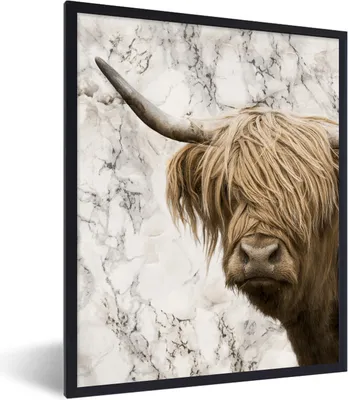 Produktbild von MuchoWow® Gerahmtes Poster Schottischer Highlander - Marmor - Kuh 60x80 cm - Poster mit Schwarzem Bilderrahmen Wandposter Rahmen Foto Bilder - Premium - Wanddeko Wohnzimmer