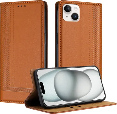 Image de Étui pour iPhone 15 Plus étui en cuir avec fonction de support Marron