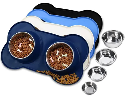 Immagine prodotto di Ciotola per cani Splashfree, doppia ciotola, acciaio inossidabile/silicone, antiscivolo, taglia XL, colore blu navy, capacità 1310 ml