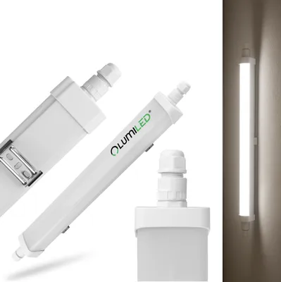 Product shots of a white LED light fixture against a white background, with one fixture shown mounted on a wall in a separate inset.