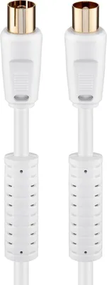 Image de Goobay 67277 Câble d'antenne avec ferrite (80 dB), 2x blindé, 2.5 m, blanc - doré, prise coaxiale mâle > prise coaxiale femelle (entièrement blindé)