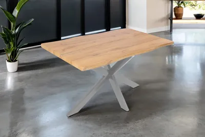Produktbild von Esstisch 140x80 cm Baumkante Holz Wildeiche-Optik Spider-Gestell Metall silber DUA