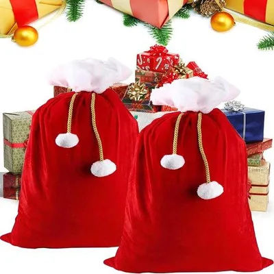 Immagine prodotto di Set di 2 sacchetti natalizi, sacchetti regalo da riempire - Sacchetti natalizi rossi e bianchi con cordoncino e pompon - Formato grande 70 x 50 cm