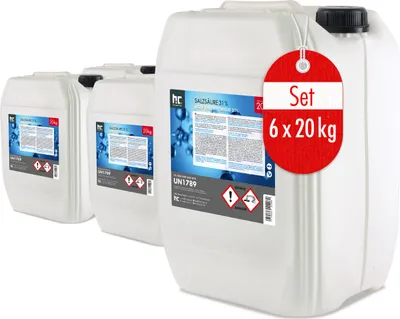 Produktbild von 20 kg Salzsäure 29-32% zur chemischen Reinigung von Zementfuß-, Ziegelsteinböden und zur Beseitigung von Rost- und Jodflecken auf Badewannen