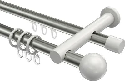 Produktbild von Interdeco Rundrohr-Innenlaufstange / Gardinenstange (Kombination) Edelstahl-Optik / Weiß, Typ Platon Luino (Kugel), 20 mm Ø 2-läufig, 360 cm