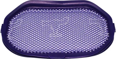 A close-up, isolated shot of a purple and white mesh filter.