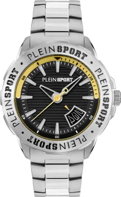 Produktbild von Plein Sport Herren Uhr mit umtauschbaren Armband RAMPAGE PSGDA0524 Silber‑Grau Edelstahl Schwarz/Gelb 44 mm