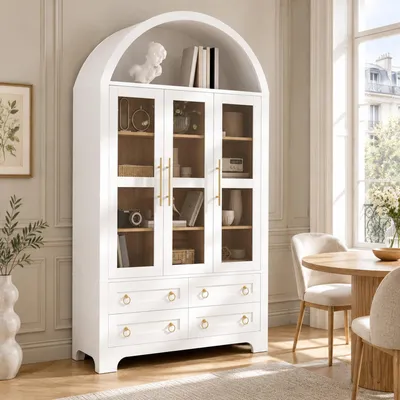Produktbild von okwish Modernes Sideboard mit 4 Schubladen,offenem Rundbogen-Fach,Wohnzimmerschrank mit 3 Glastüren,Aluminiumgriffe,Weiß