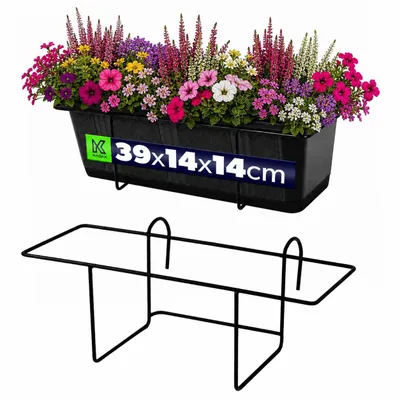 Produktbild von KADAX Blumentopfhalter, hängend, für Geländer, Balkon, Terrasse, Blumenkasten, Innen und Außen, Pflanzenhalterung aus Stahl, Blumenkastenhalter mit Haken, schwarz (S, gerade)