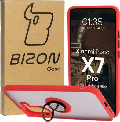 Produktbild von Bizon Case Hybrid Ring Fingerring Hülle für Xiaomi Poco X7 Pro, Rauch mit rotem Rahmen