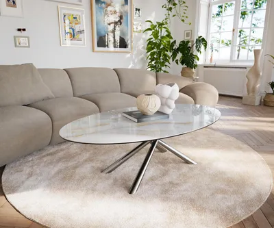 Produktbild von DELIFE Couchtisch Edge Oval 140x80 cm Keramik Onyx Pearl Sarity Edelstahl gebürstet