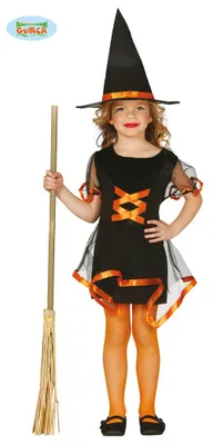 Produktbild von Hexen-Kleid für Mädchen in Schwarz-Orange, Gr. 110-146, Größe:128/134