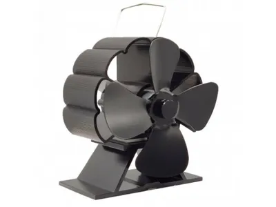 A black stove fan with four blades sits on a white background.