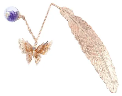 Feder-Lesezeichen mit 3D-Schmetterling, Gold, Metall