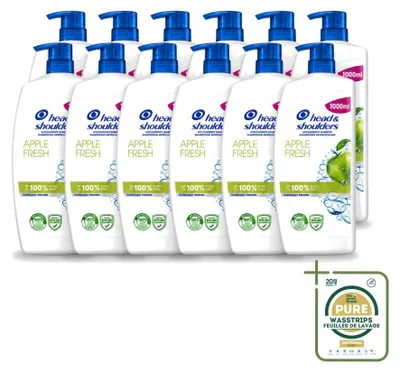 Imagen del producto de 12 botellas de champú anticaspa Head & Shoulders Apple Fresh con dosificador, 1000 ml cada una. Pack de 12 unidades