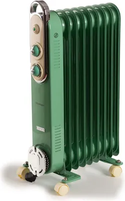 A green oil-filled radiator with beige and silver accents, standing on a white background. It has wheels for mobility.