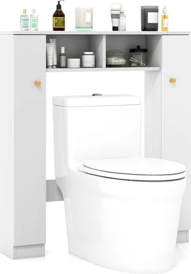 A white bathroom over-the-toilet storage cabinet is shown with various toiletries on its shelves.