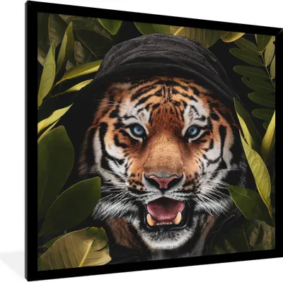 Produktbild von MuchoWow® MuchoWow® Gerahmtes Poster Tiger - Dschungel - Blätter 40x40 cm - Poster mit zchwarzem Bilderrahmen - Mit Rahmen - Wanddekoration Schlafzimmer
