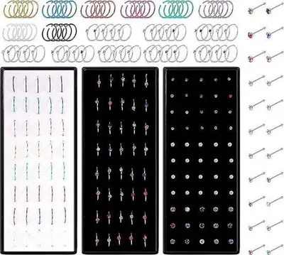 Zdjęcie produktu dla Zestaw do piercingu nosa Unyqoos® 140 szt. – stal chirurgiczna 22G (0,6 mm), pierścionek do nosa o średnicy 8 mm, cyrkonie o wymiarach 1,5/2/2,5/3 mm, kształty L/S/I, długość stabilizująca 7 mm, wielokolorowy, uni
