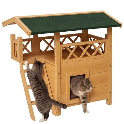 Produktbild von PawHut Katzenhaus mit Asphaltdach, 2-stöckig, Katzenhütte mit Balkon, Treppe