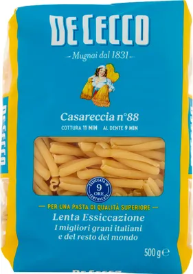 A bag of De Cecco Casareccia pasta.