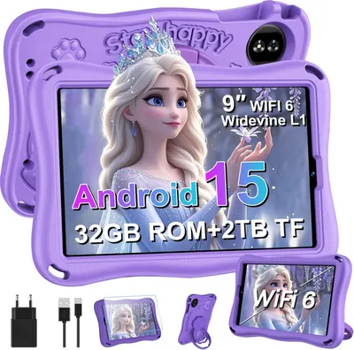 Produktbild von 9 Zoll Kinder Tablet Android 15, 12GB RAM 32GB ROM bis 2TB, Octa Core, Widevine L1, WiFi 5G, 6000mAh, GPS, Face ID, EVA Hülle
