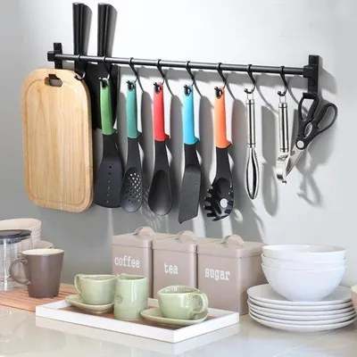 Produktbild von Famanu Küchenhängeregal mit 6 abnehmbaren Haken - 40 cm, korrosionsbeständig und rostfrei