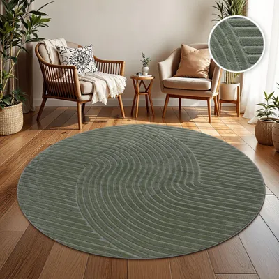 Produktbild von TT Home In-& Outdoorteppich Wetterfest Balkon Schlafzimmer Boho Skandi Motiv Unifarben Geometrische Optik Moderner Style Größe 120 cm Rund
