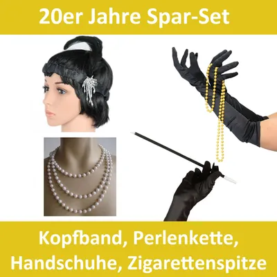 Produktbild von Spar-Pack | schwarze 20er Jahre Handschuhe und Perlenkette | Mafia Charleston Set