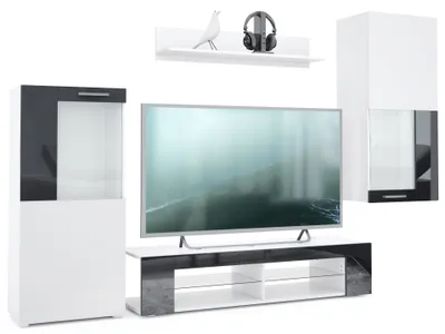 Produktbild von Vladon Wohnwand Movie, Anbauwand bestehend aus 1 TV-Board, 2 Vitrinen und 1 Regal, Weiß matt/Weiß matt/Schwarz Hochglanz (Gesamt: 300 x 190 x 39 cm)