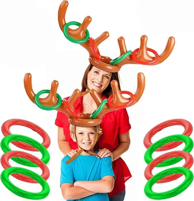 Produktbild von Aufblasbare Rentiergeweihe, 2 Sets aufblasbare Rentiergeweihringe für Kinder, Wurfspiel mit 2 Geweihen und 8 Geweihringen für Weihnachten, Halloween, Geburtstagsfeiern, Karneval, Familienspiele