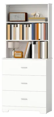 Produktbild von Bücherschrank 180 cm 6-stöckig mit 3 Schubladen und 3 offenen Regalen für Wohnzimmer und Küche in Weiß