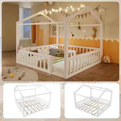 Produktbild von Flachbett, 90x190cm*2/180x190cm, Kinderbett mit Gitter, Mit LED-Perlen, Hausleiste, Kiefernholz,ohne Matratze, Minimalistischer Stil, LED-Perlen, Weiß