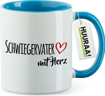 Produktbild von Huuraa Kaffeetasse Schwiegervater mit Herz 330ml Blau Keramik Kaffeebecher Geschenkidee