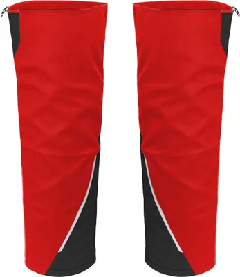 A pair of red and black leg extensions for work shorts.