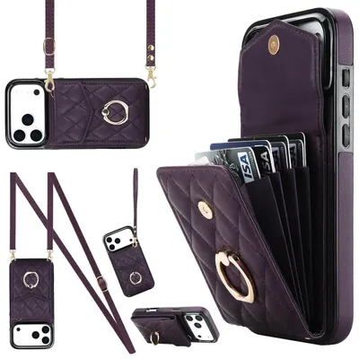 Obrázok produktu pre Crossbody puzdro z umelej kože pre Apple iPhone 17 Pro s kosoštvorcovým vzorom a vreckom na kartu RFID Fialové