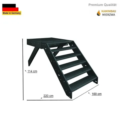 Produktbild von Podesttreppe Wangen- Stahltreppe 6 Stufen Höhe 114cm inklusive Podest 100x100cm ohne Geländer Anthrazit / Ausrichtung Treppe Vorne (Front) Außentreppe