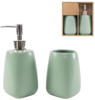 Produktbild von Unyqoos® Keramik-Badezimmer-Set Grün – stilvolles Badezubehör mit Seifenspender (großes Fassungsvermögen) & Becher, minimalistisches, pflegeleichtes Design