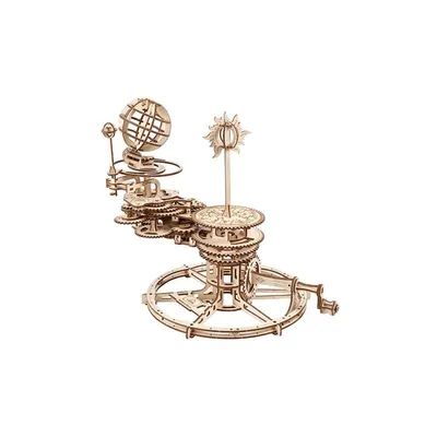 A 3D mechanical wooden model of a tellurium, showing a sun and a globe with gears and a crank.