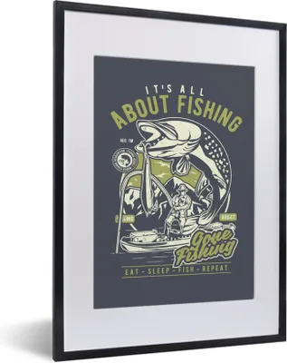 Produktbild von MuchoWow® MuchoWow® Gerahmtes Poster Fisch - Boot - Rute - Vintage 30x40 cm - Poster mit zchwarzem Bilderrahmen - Wandposter Schlafzimmer