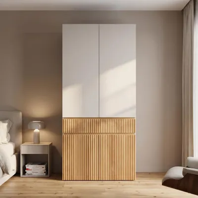 Immagine prodotto di Armadio con cassetto e ante, appendiabiti con barra, mobile alto contenitore, dimensioni 90 x 50 x 202 cm, finitura rovere chiaro e grigio, materiali: pannelli di particelle e MDF