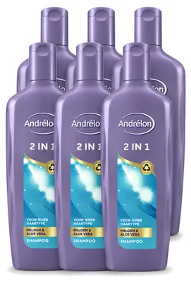 Imagen del producto de 6 unidades de champú y acondicionador 2 en 1 Andrélon con melón y aloe vera, 300 ml cada uno. Paquete económico