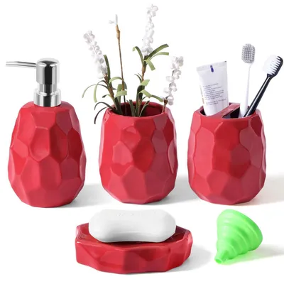 Immagine prodotto di Set di accessori da bagno, 4 pezzi, colore rosso, in Vetroceramica: dispenser per lozione, portasapone, portaspazzolini, bicchiere per il dentifricio