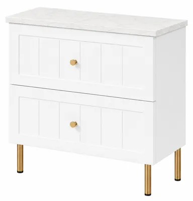 Image de Armoire de salle de bain autoportante, largeur 60 cm, façade rainurée de 19 mm, blanche, avec plateau imitation marbre blanc, poignées sculptées, pieds ronds de 15 cm, dimensions : 60 x 46 x 7 cm, Image générée par une IA