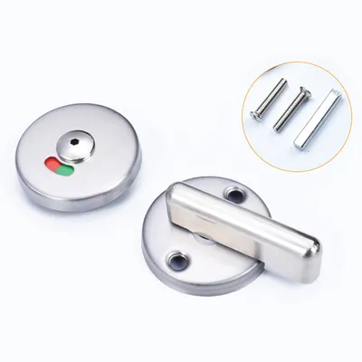 A bathroom door lock set with indicator and screws, displayed on a white background.