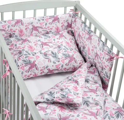 Produktbild von Pepi 4-teiliges Bettwäsche-Set für Babybett 60_120 mit Spannbettlaken und Seitenschutz Hummingbird rosa