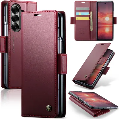 Produktbild von Lederhülle für Samsung Galaxy Z Fold 7 Brieftasche Kartenfach Schutzhülle mit Standfunktion Rot